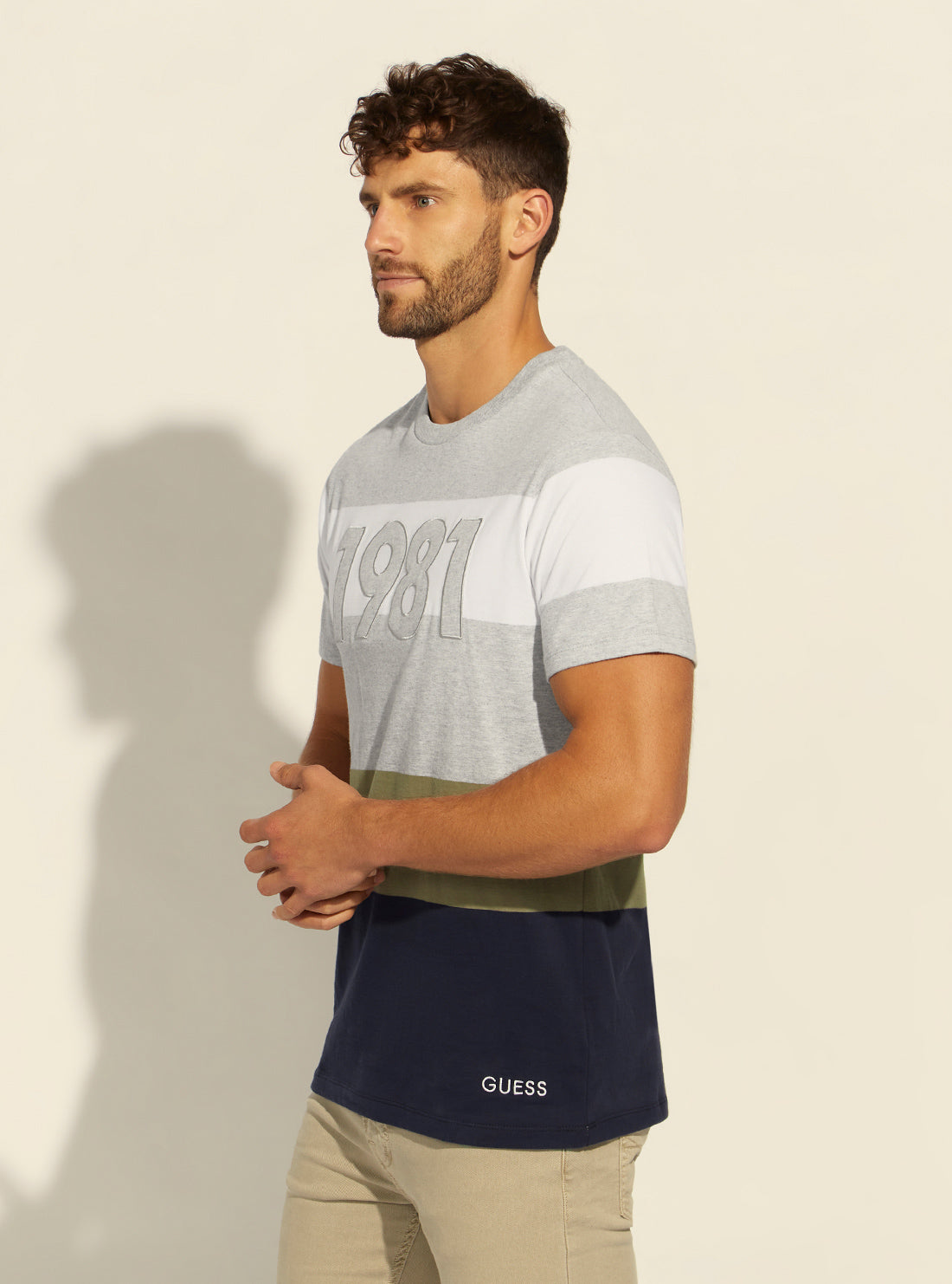 GUESS Mens 1981 Ghost Colour Block T-Shirt M2RI09RA260 Model Side View