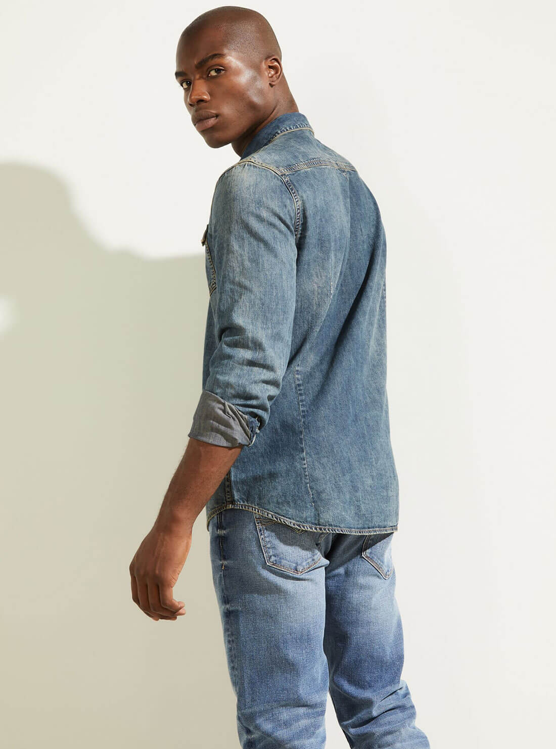 GUESS Mens Truckee Denim Shirt In Acadia Wash M1BH02D14LB Back View