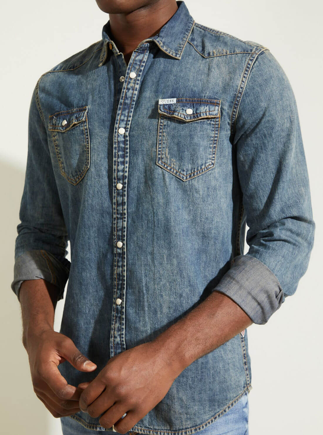GUESS Mens Truckee Denim Shirt In Acadia Wash M1BH02D14LB Detail View