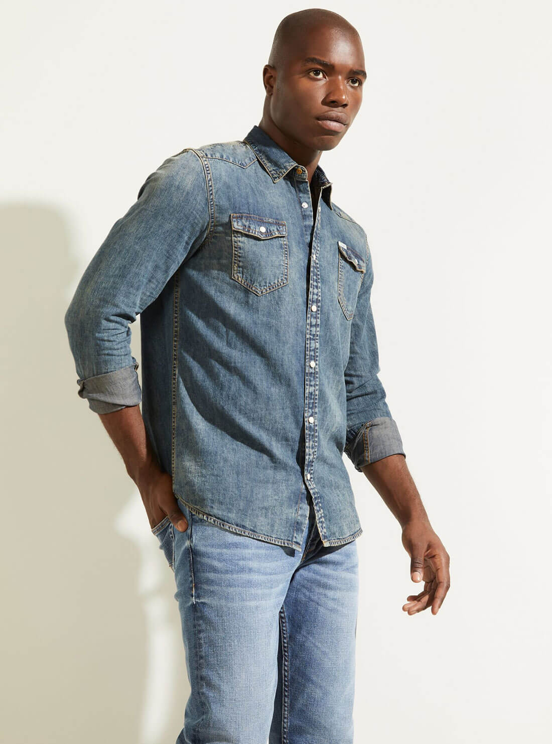 GUESS Mens Truckee Denim Shirt In Acadia Wash M1BH02D14LB Side View