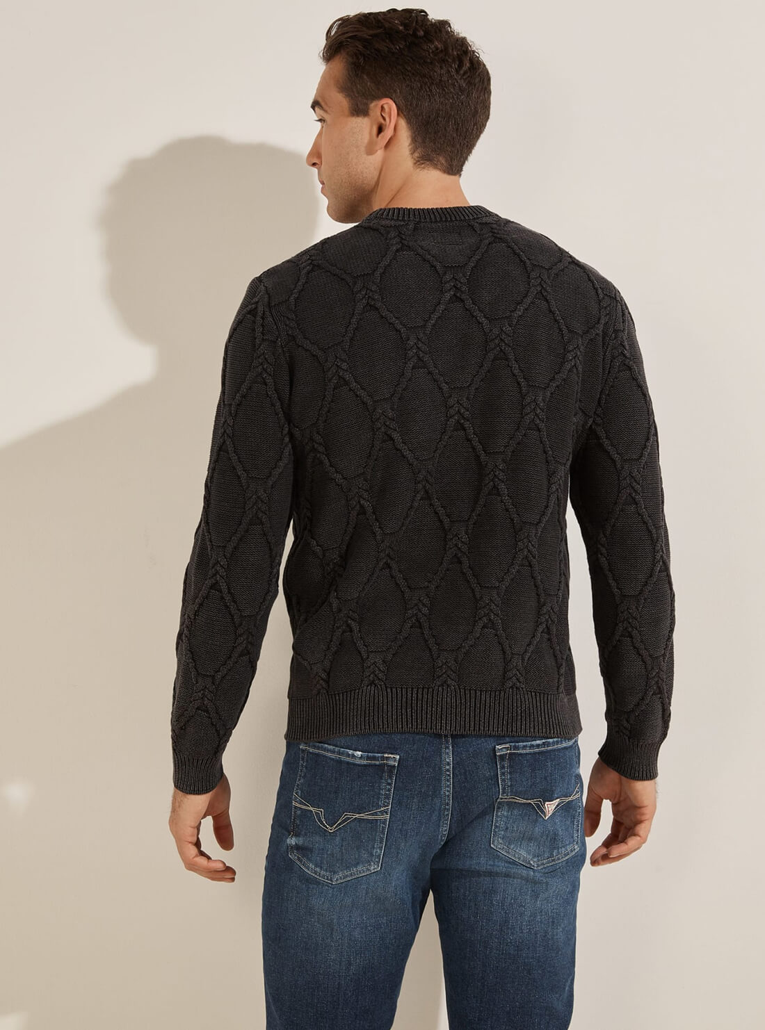GUESS Mens Black Dawson Wash Cable Knit Sweater M1RR03Z1CX2 Model Back View