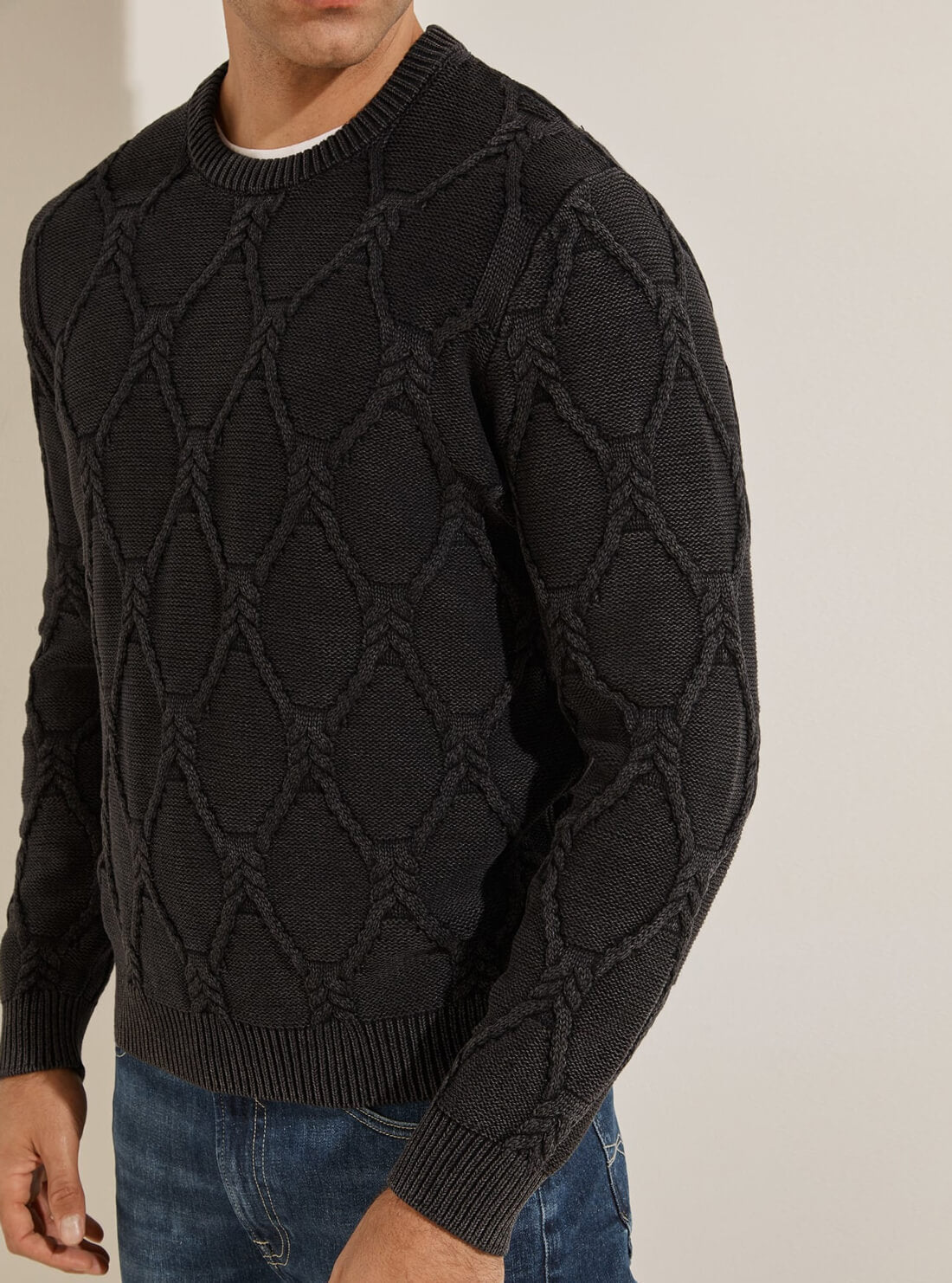 GUESS Mens Black Dawson Wash Cable Knit Sweater M1RR03Z1CX2 Model Close View
