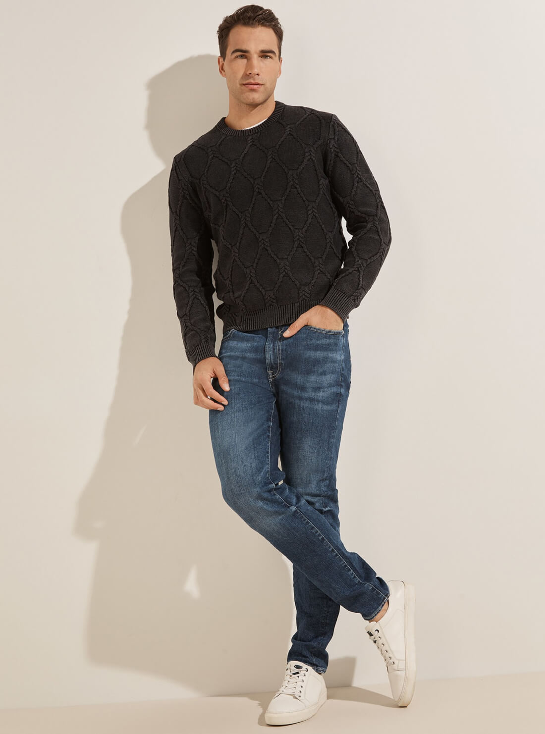 GUESS Mens Black Dawson Wash Cable Knit Sweater M1RR03Z1CX2 Model Full View