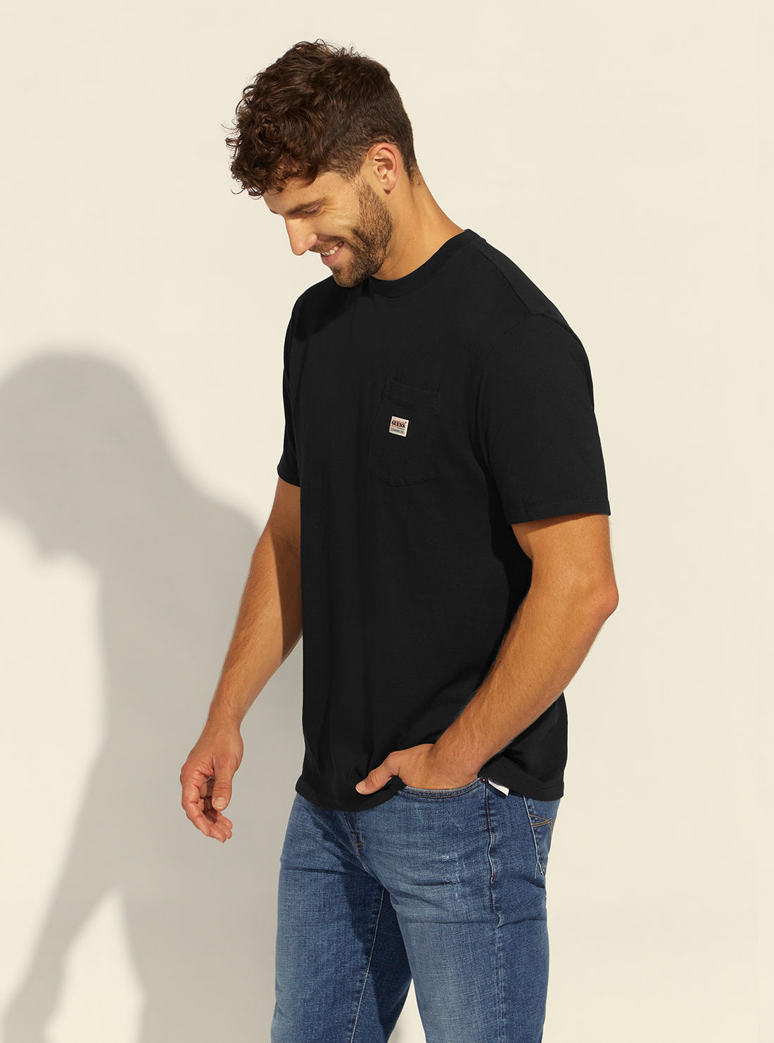 GUESS Mens Guess Originals Black Pocket Label T-Shirt M1BI43K9XF1 Model Side View