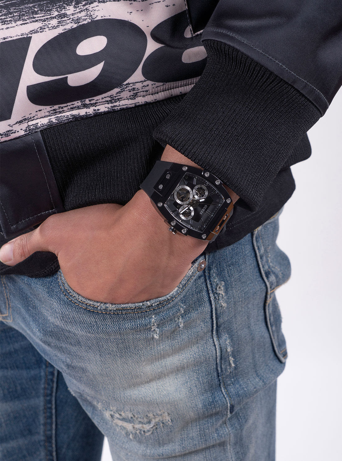 GUESS Mens Black Phoenix Silicone Watch GW0203G3 Model Pocket View
