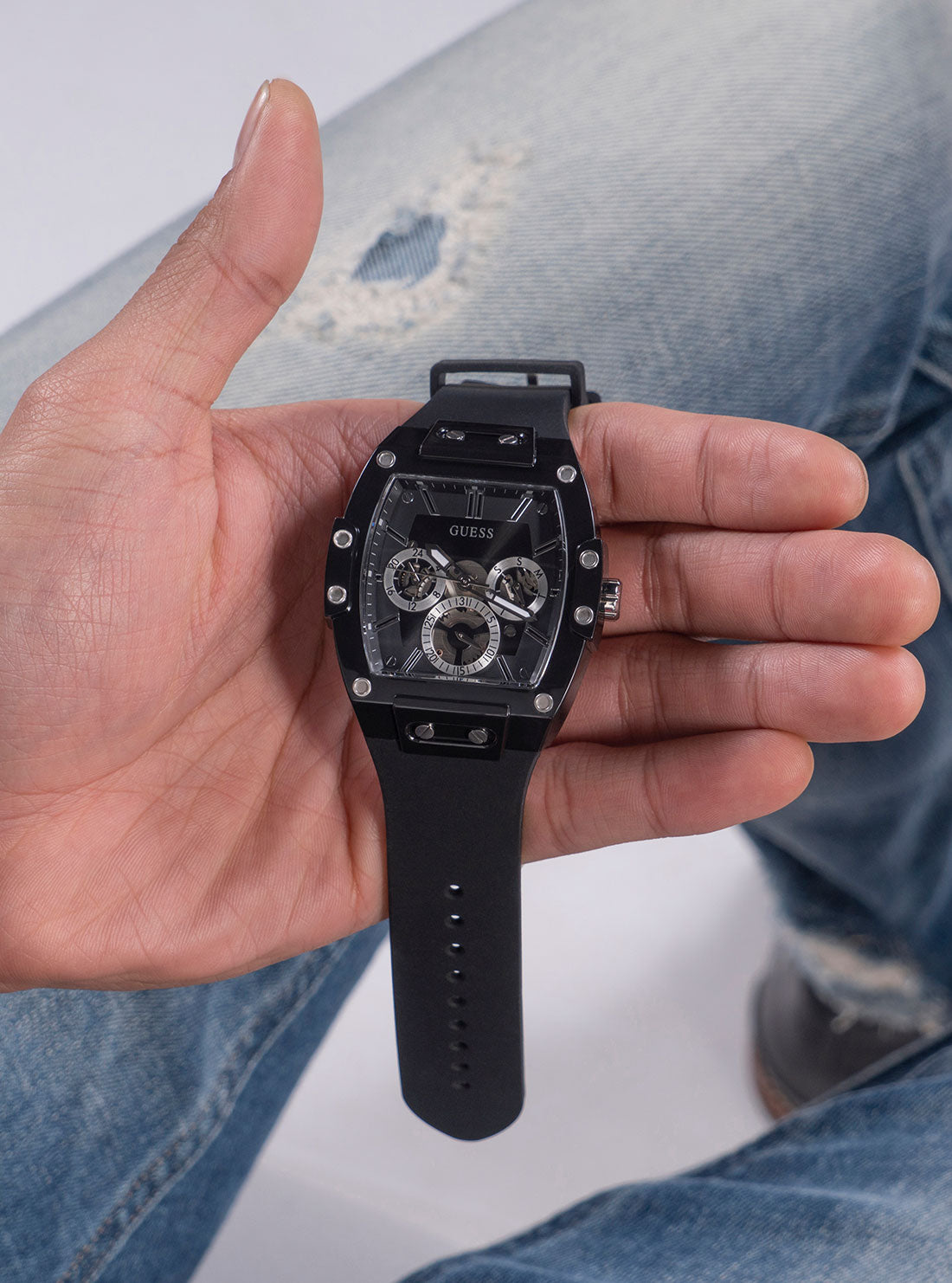 GUESS Mens Black Phoenix Silicone Watch GW0203G3 Model View