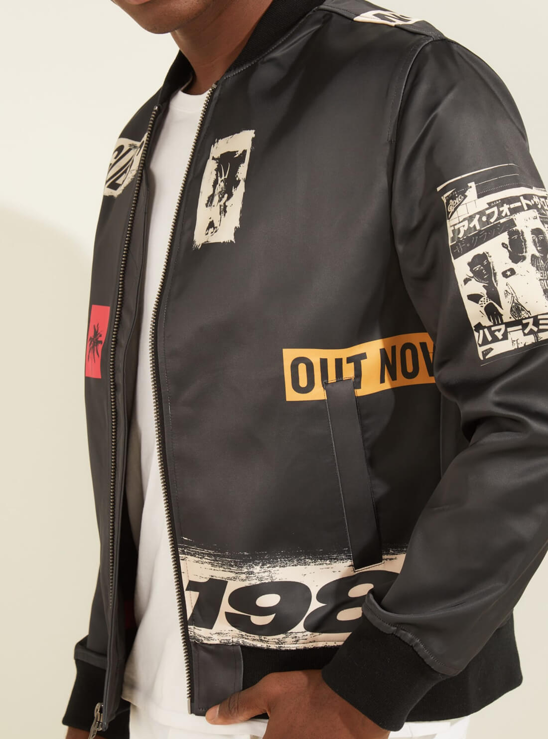 GUESS Mens Black Royal Bonded Bomber Jacket M2RL26WEFG0 Model Detail View