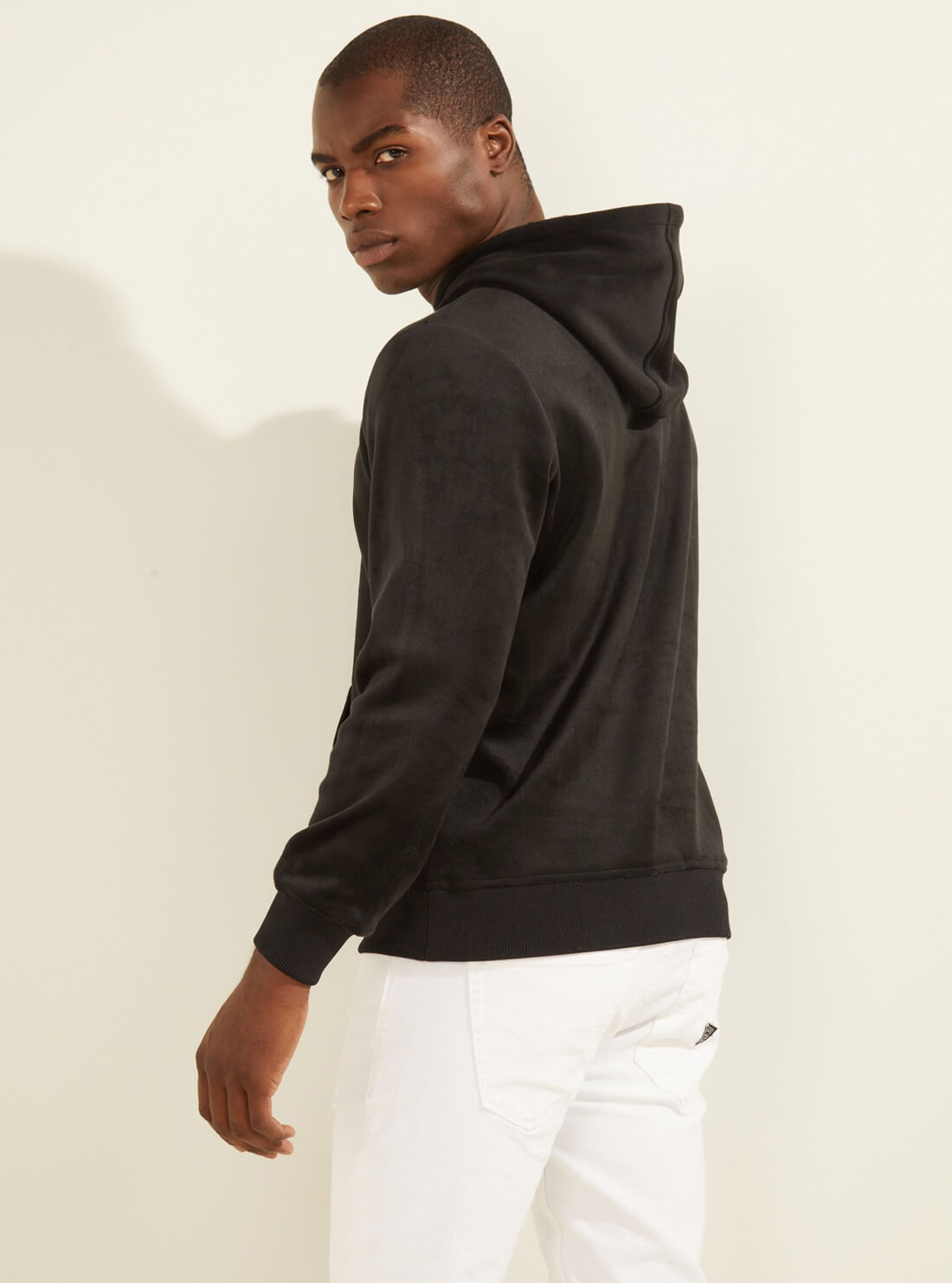 GUESS Mens Black Velvet Active Hoodie M2RQ15KAVQ2 Model Back View