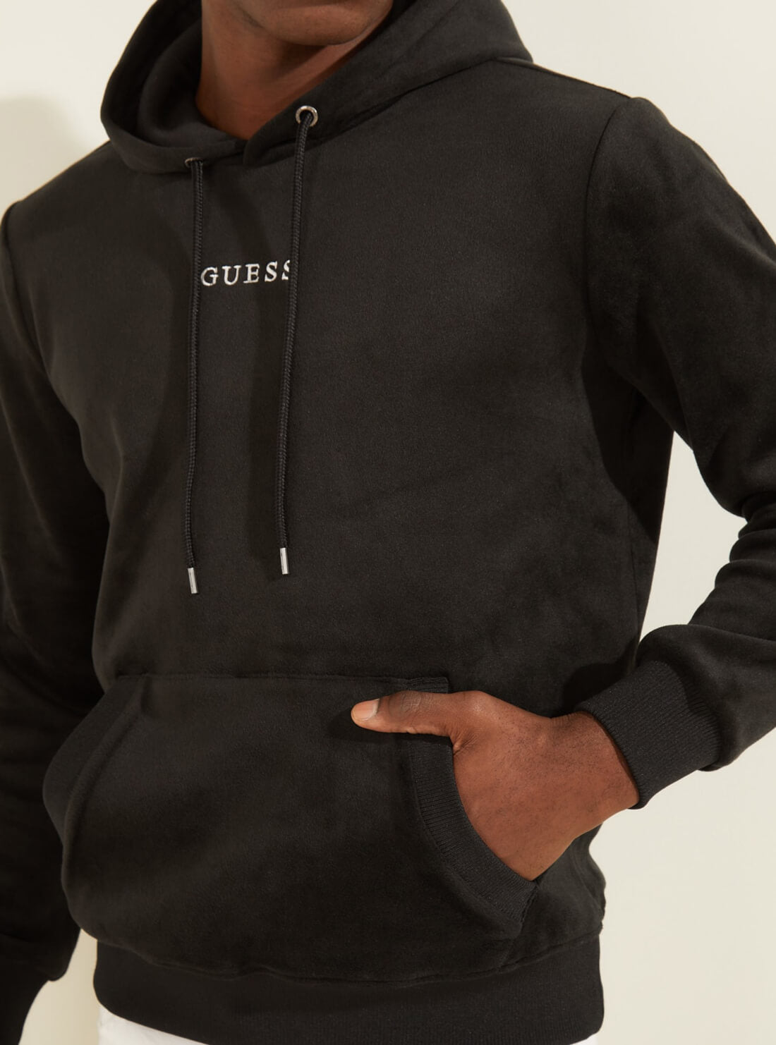 GUESS Mens Black Velvet Active Hoodie M2RQ15KAVQ2 Model Detail View