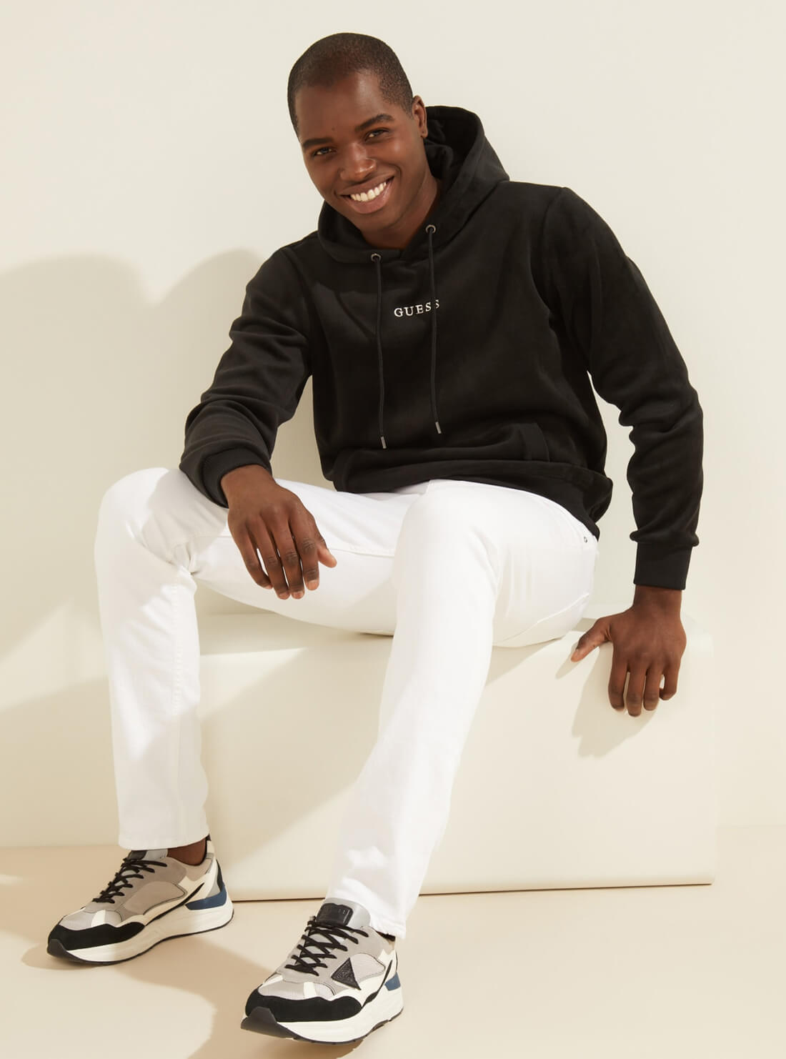 GUESS Mens Black Velvet Active Hoodie M2RQ15KAVQ2 Model Full View