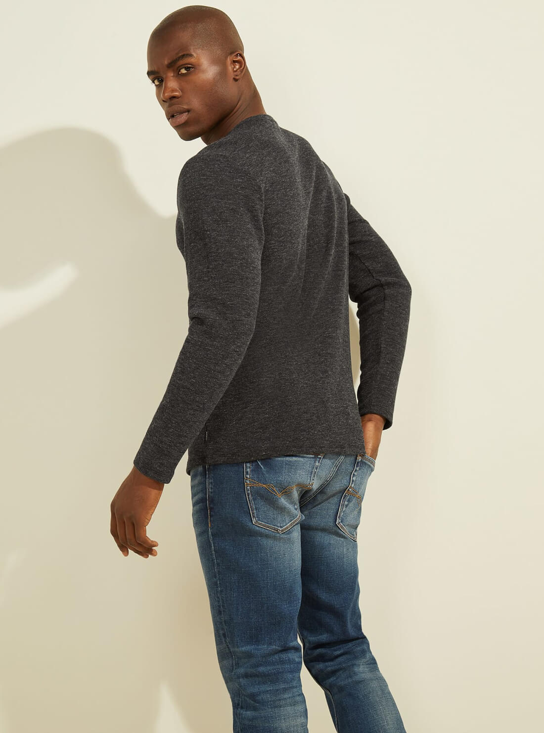 GUESS Mens Black Vista Textured Rib Henley T-Shirt M2RP17KB090 Model Back View