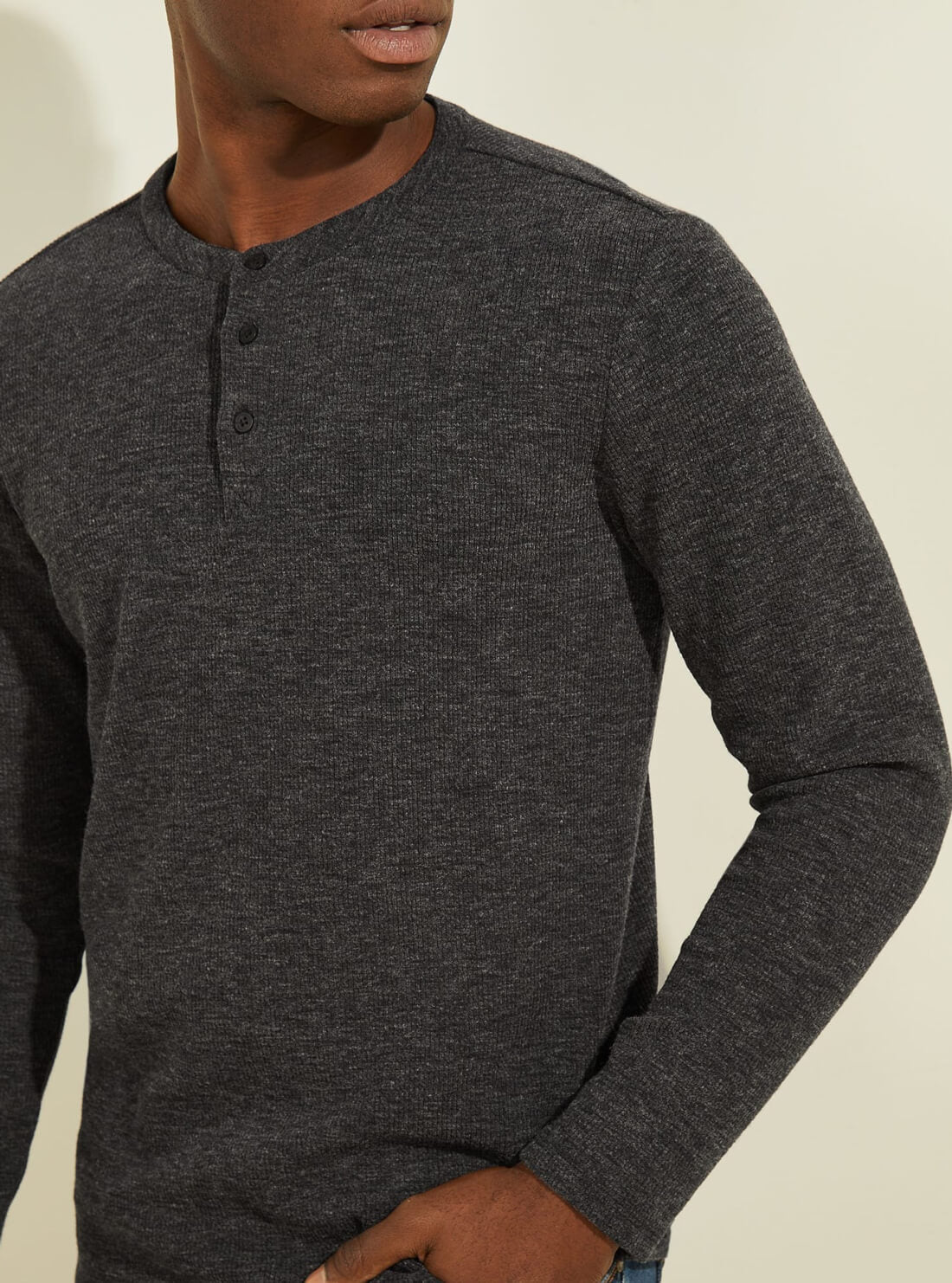 GUESS Mens Black Vista Textured Rib Henley T-Shirt M2RP17KB090 Model Close View