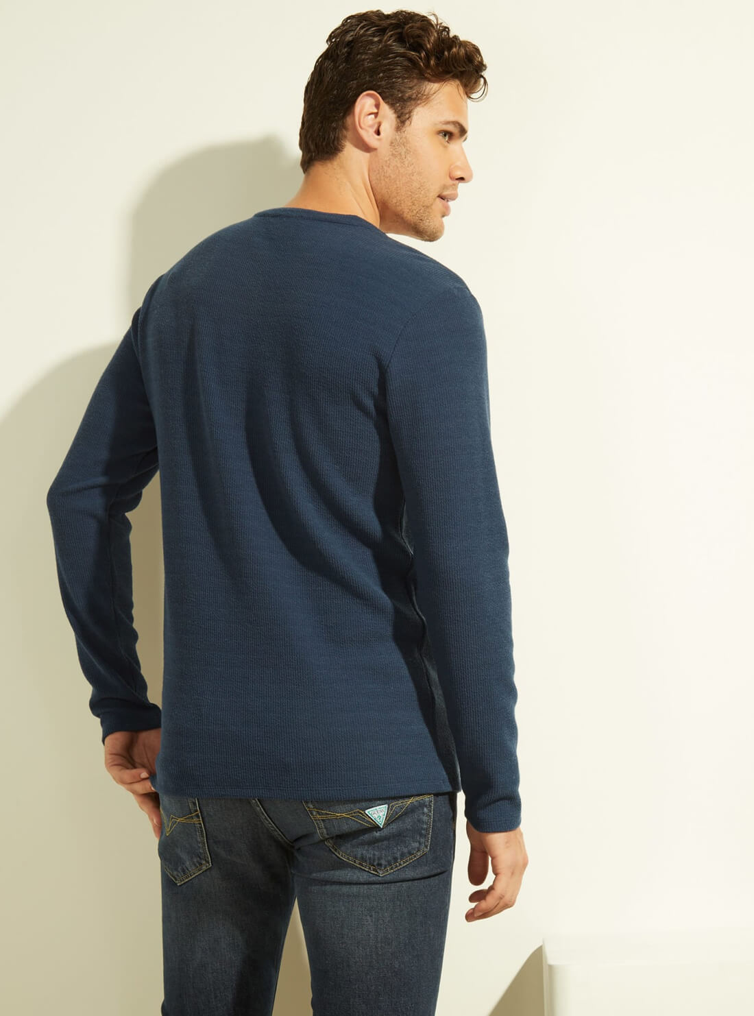 GUESS Mens Navy Blue Vista Textured Rib Henley T-Shirt M2RP17KB090 Back View