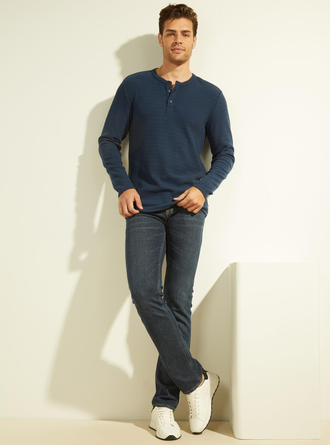 GUESS Mens Navy Blue Vista Textured Rib Henley T-Shirt M2RP17KB090 Full View