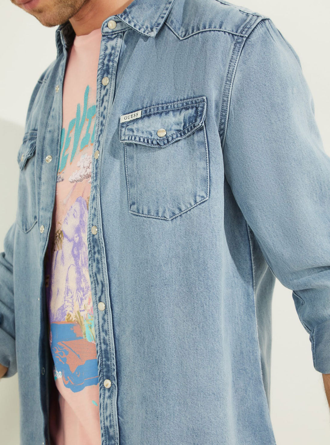 GUESS Mens Bluestar Slim Light Denim Western Shirt M2GH13D4N60 Detail View