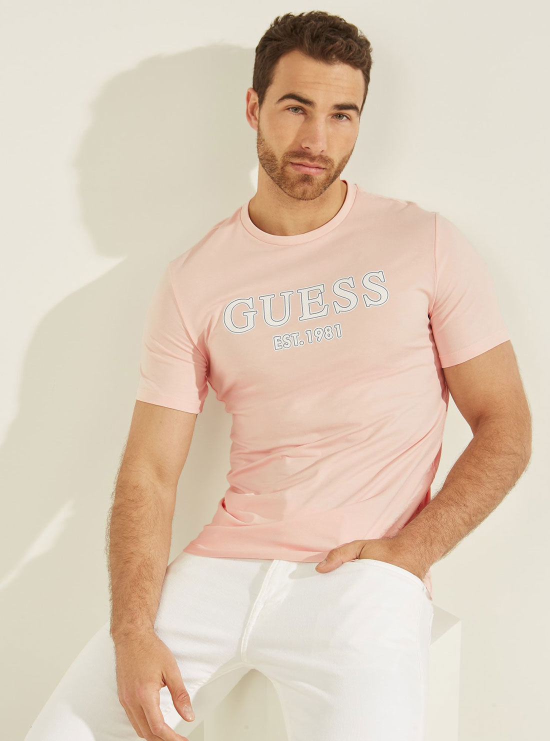 GUESS Mens Eco Blush Pink Point Logo T-Shirt M2GI21J1311 Angle View