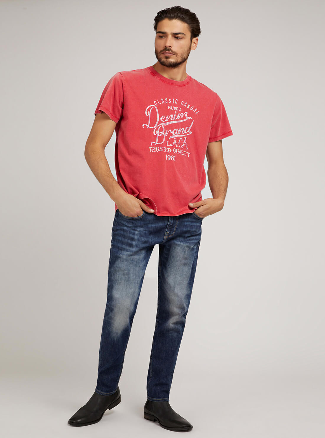 GUESS Mens Chili Red Trusted Logo T-Shirt M2RI16K8FQ1 Model Full View
