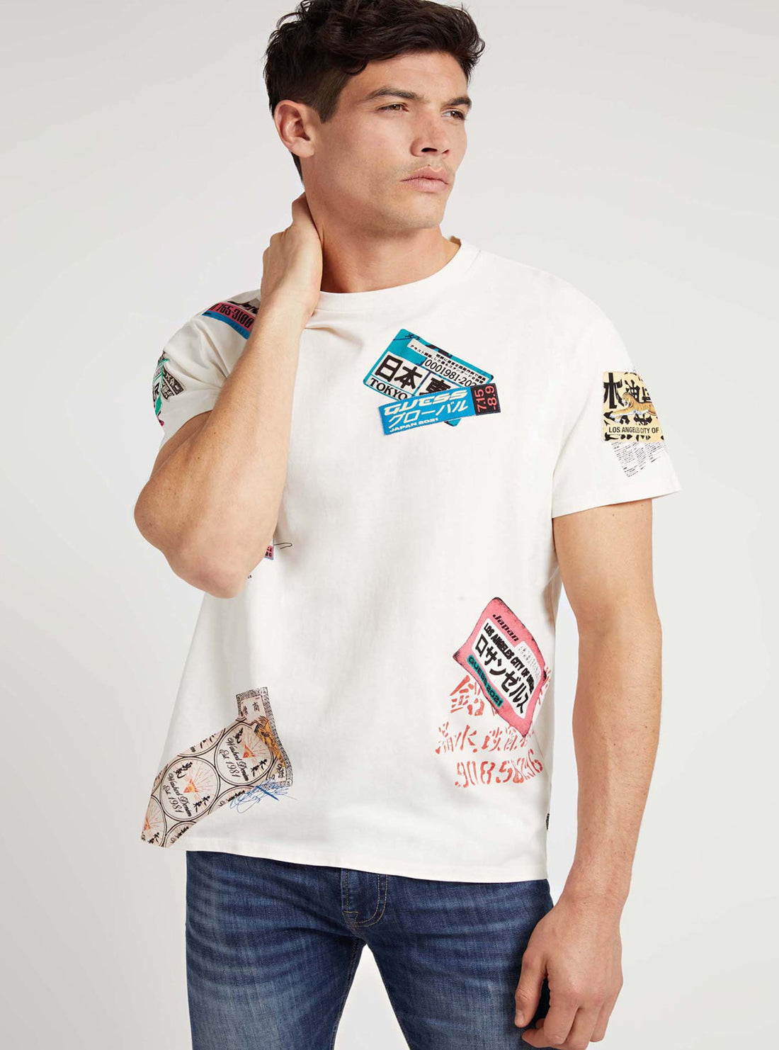 GUESS Mens White Multi Vintage Label T-Shirt MBRI25KA262 Front View