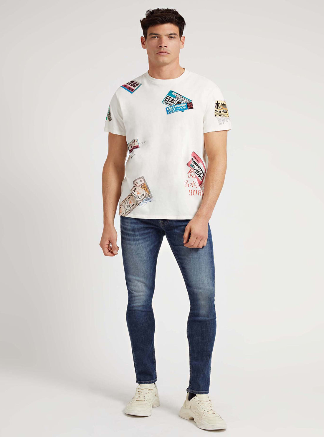 GUESS Mens White Multi Vintage Label T-Shirt MBRI25KA262 Full View