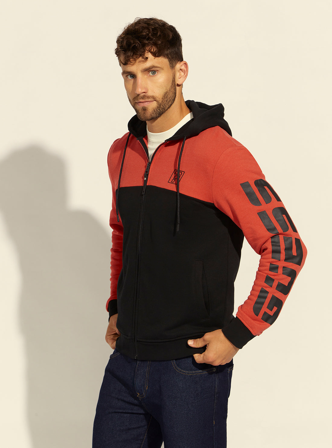 GUESS Mens  Eco Black Red Derrick Active Zip Hoodie Z2RQ10KAIJ1 Side View