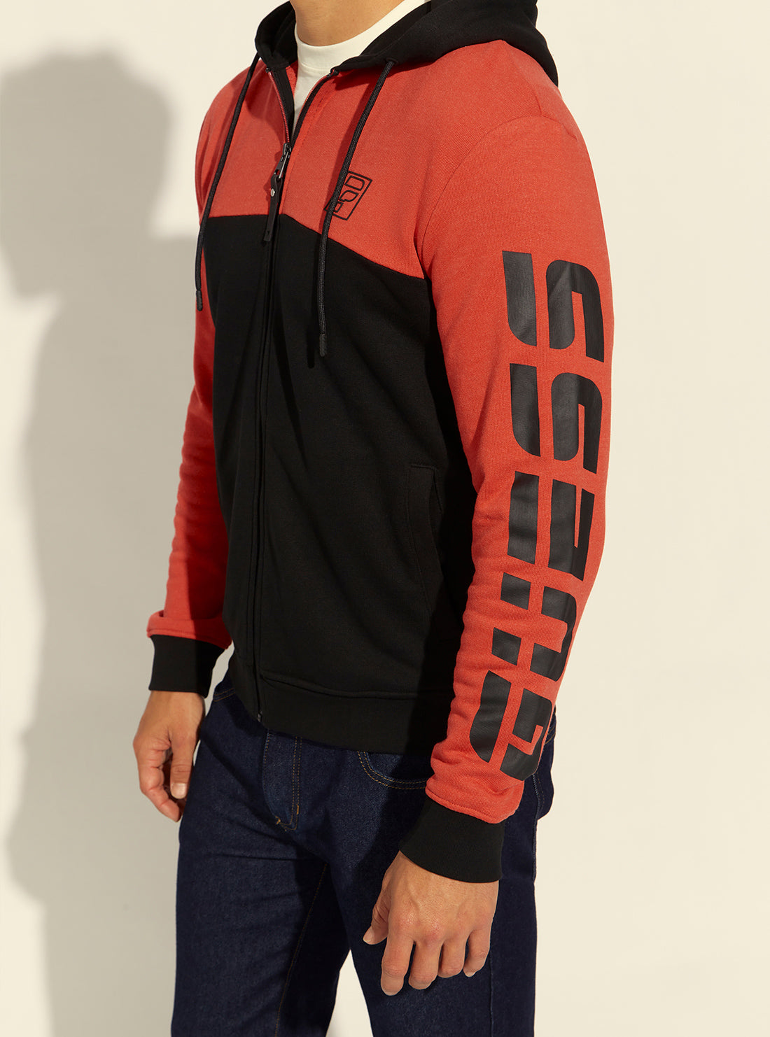 GUESS Mens  Eco Black Red Derrick Active Zip Hoodie Z2RQ10KAIJ1 Side Detail View