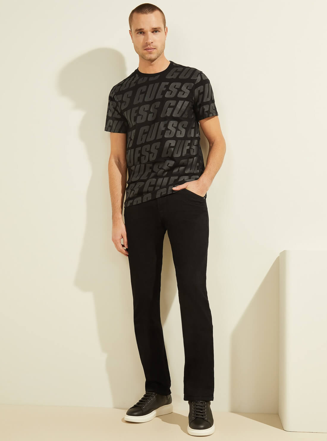 GUESS Mens Eco Black Tonal Logo T-Shirt MBRI25K8HAA Full View