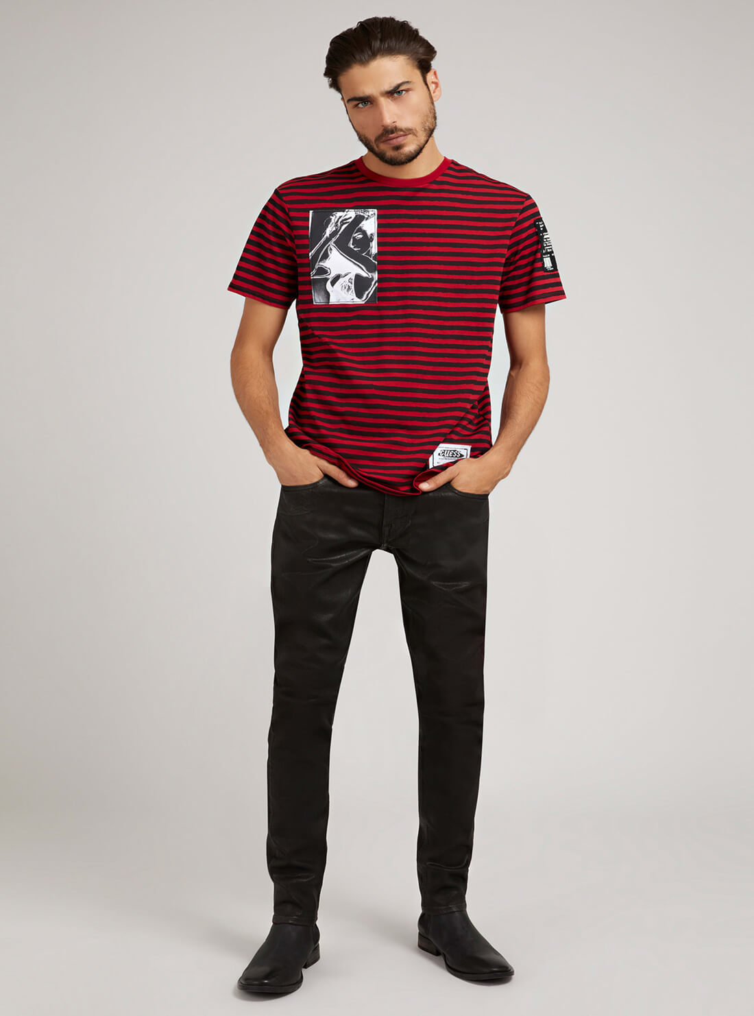GUESS Mens Eco Red Stripe LA Nights T-Shirt MBRI25K8HA6 Full View