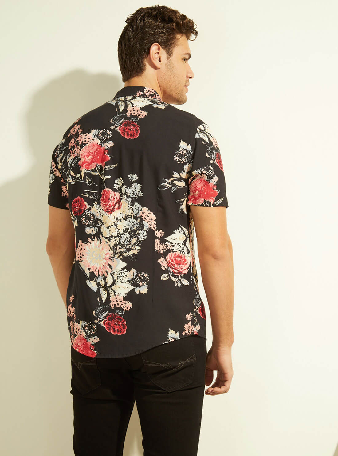 GUESS Mens Eco Black Grand Floral Rayon Shirt M2GH09WD4Z2 Back  View