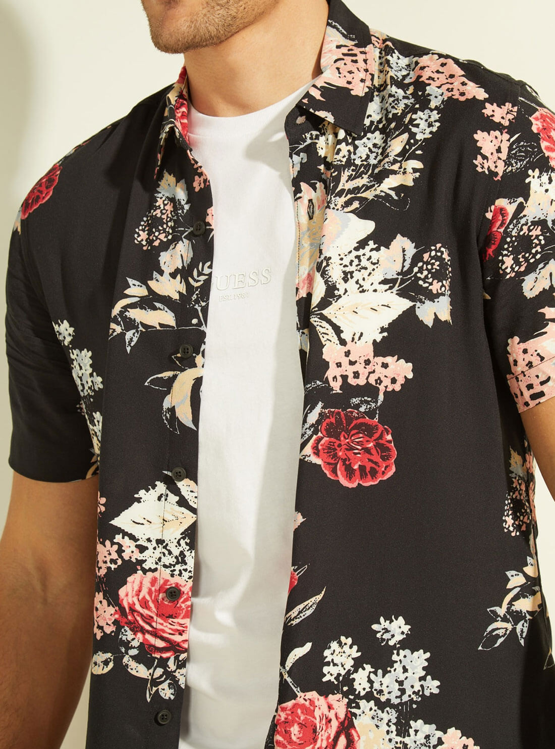 GUESS Mens Eco Black Grand Floral Rayon Shirt M2GH09WD4Z2 Detail View