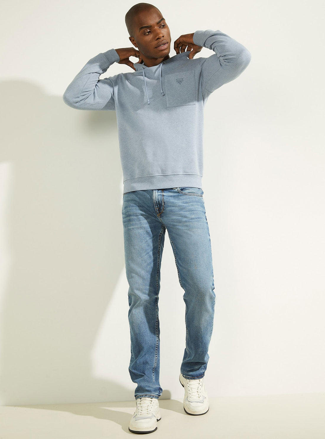 GUESS Mens Eco Indigo Blue Almo Fleece Hoodie M2GQ15KB3E1 Angle View