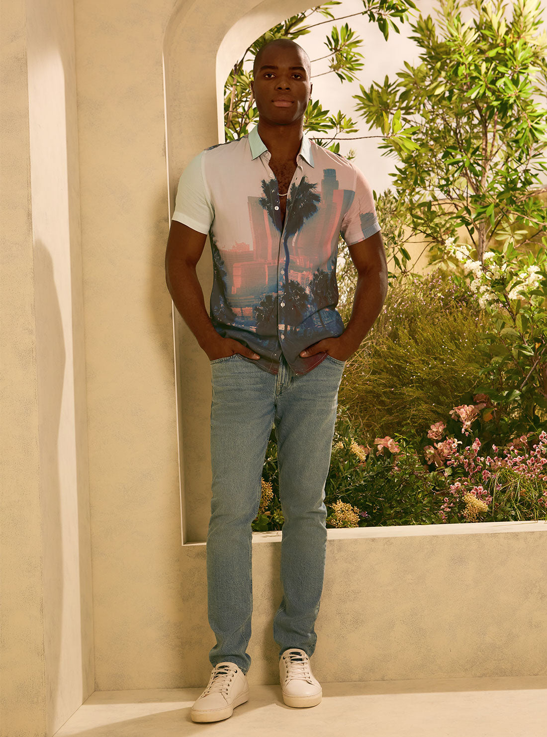 GUESS Mens Eco LA Snapshot Print Rayon Shirt M2GH05WD4Z2 Campaign Shot