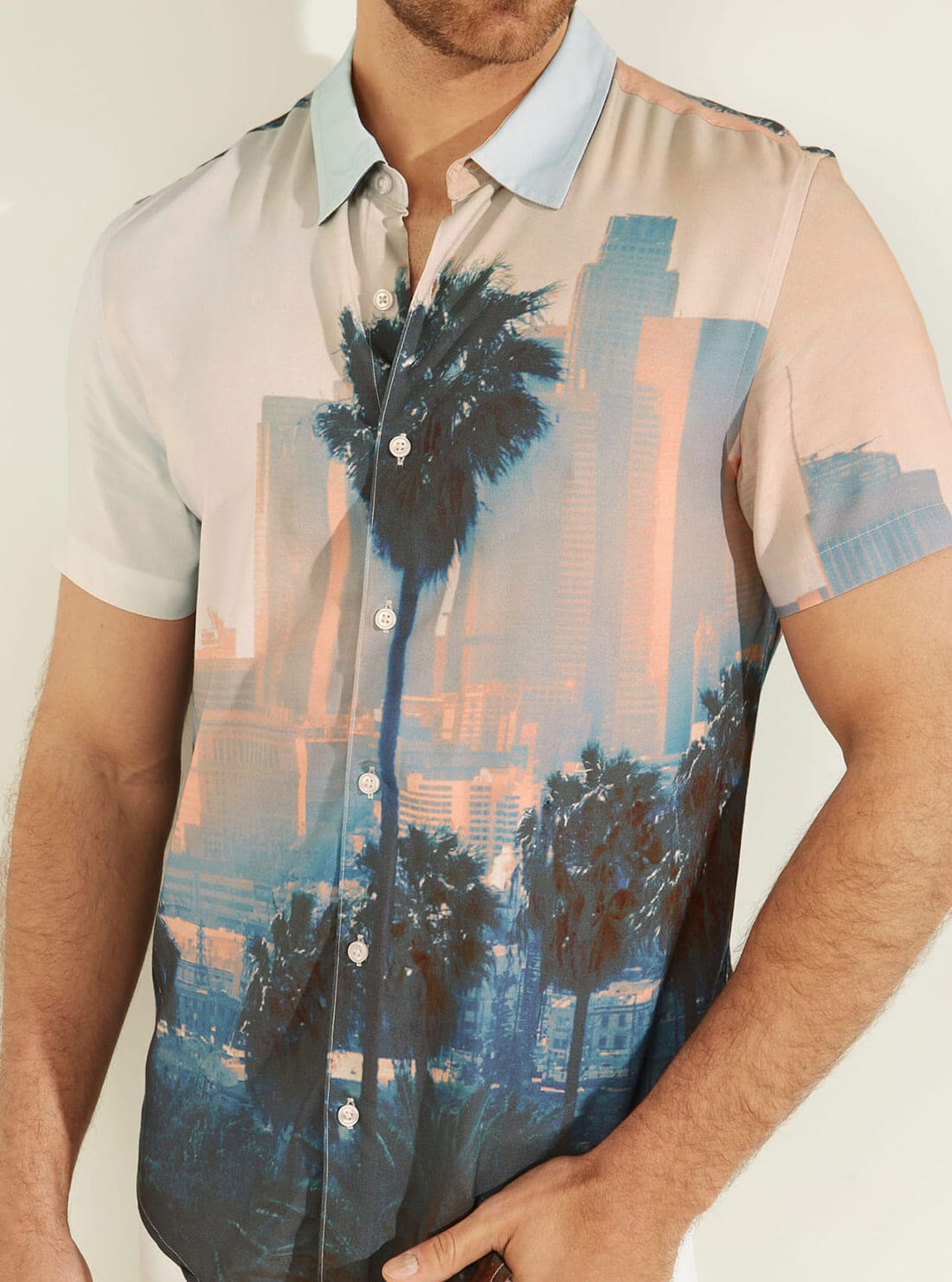 GUESS Mens Eco LA Snapshot Print Rayon Shirt M2GH05WD4Z2 Detail View