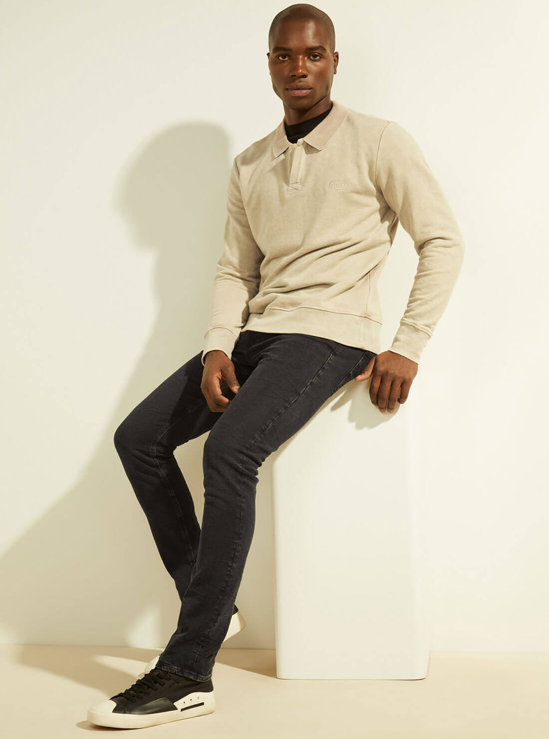 GUESS Mens Eco Pasadena Stone Cream Joao Polo Fleece Jumper M2GQ09KB4N1 Full View