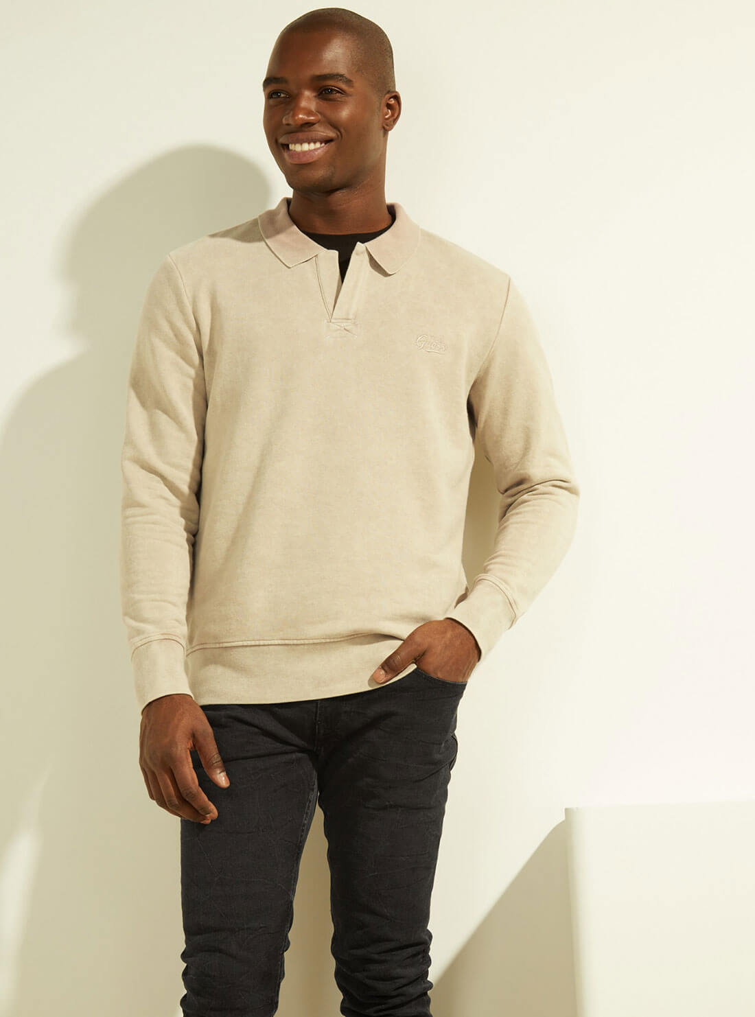 GUESS Mens Eco Pasadena Stone Cream Joao Polo Fleece Jumper M2GQ09KB4N1 Full View