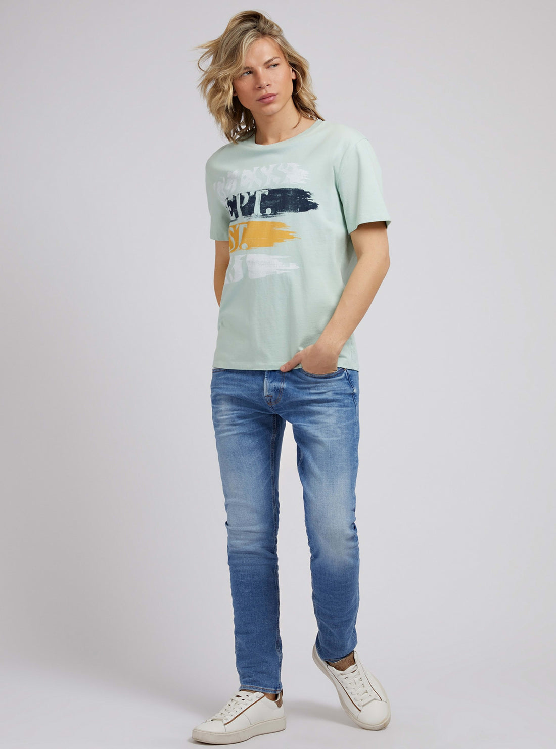 GUESS Mens Eco Soft Mint Painty Logo T-Shirt M2RI21K8FQ1 Full View