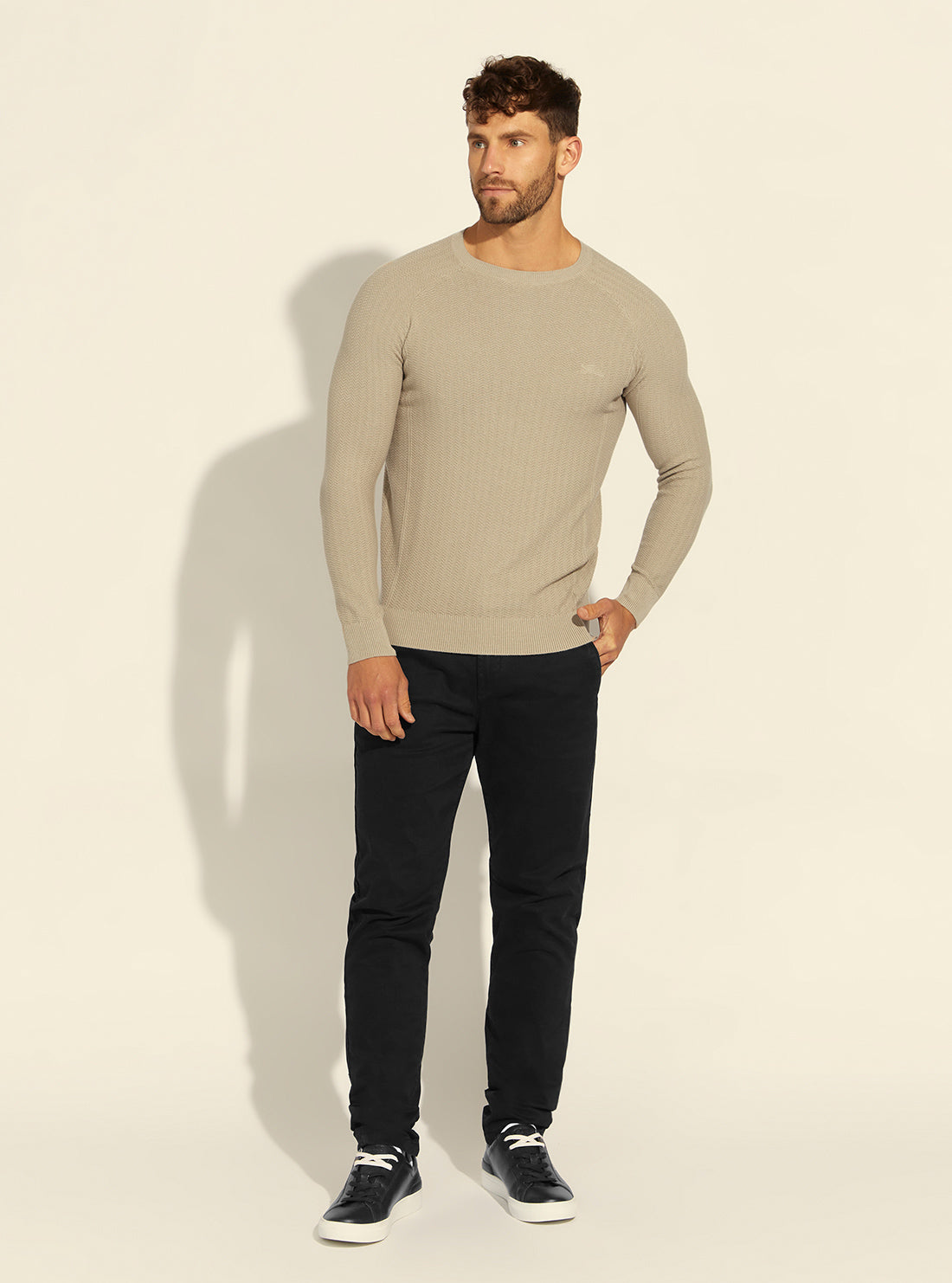 GUESS Mens Eco Stone Beige Miles Harringbone Knit Top M2RR08Z2SE2 Full View