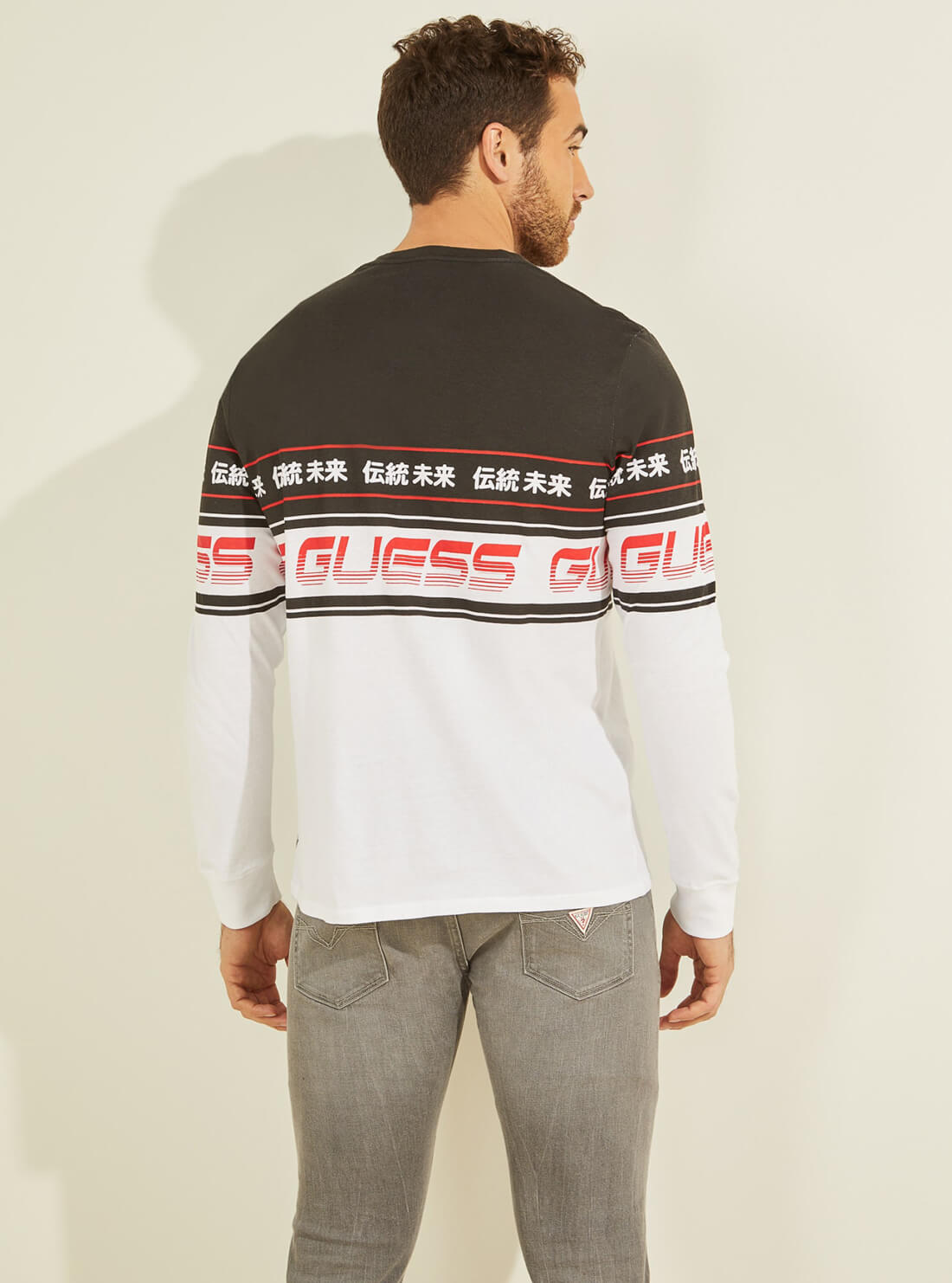 GUESS Mens Eco White Racer Stripe T-Shirt MBRI25KARCG Back View