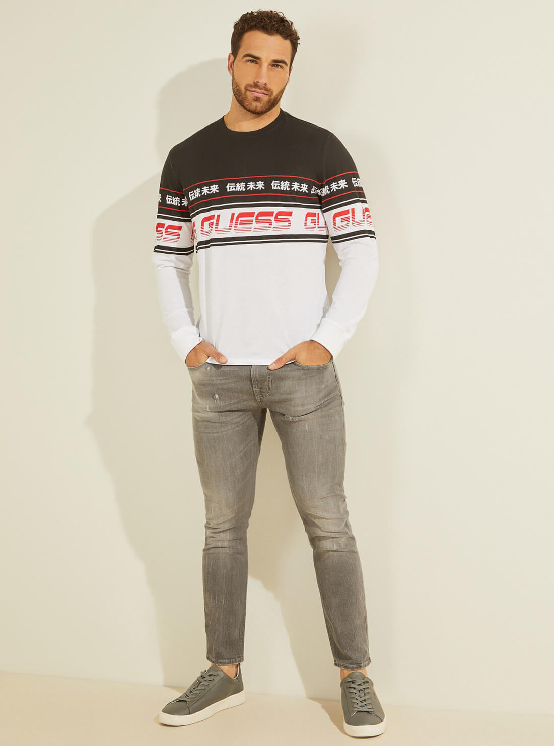 GUESS Mens Eco White Racer Stripe T-Shirt MBRI25KARCG Full View