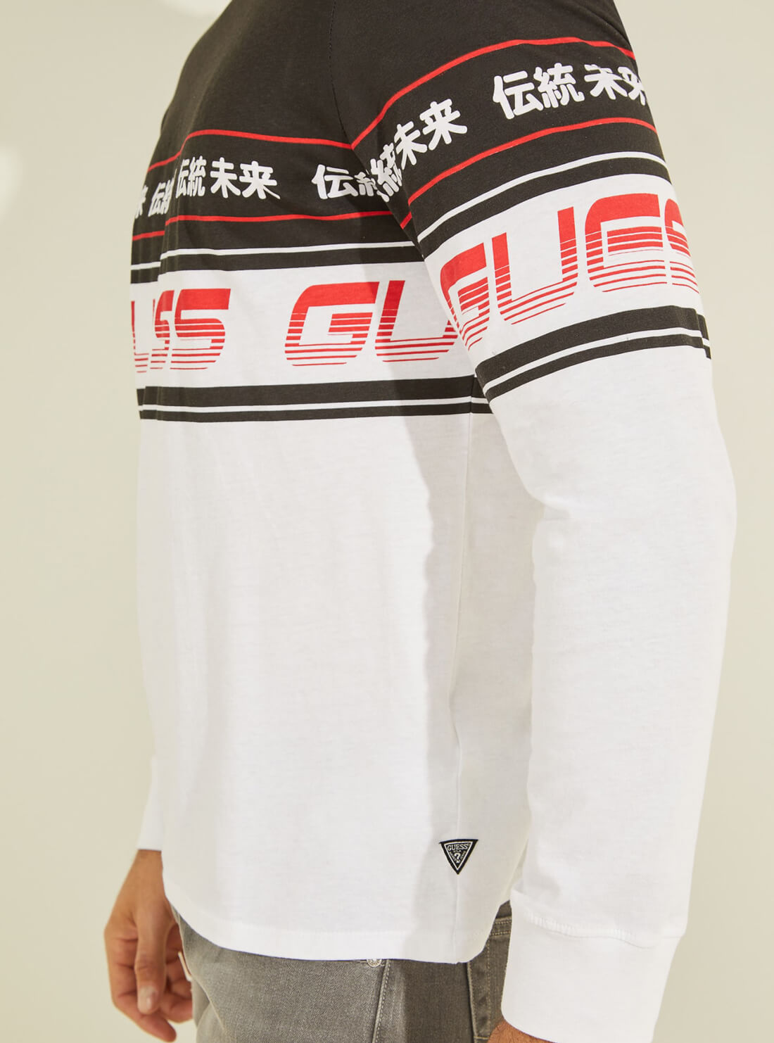 GUESS Mens Eco White Racer Stripe T-Shirt MBRI25KARCG Side Detail View