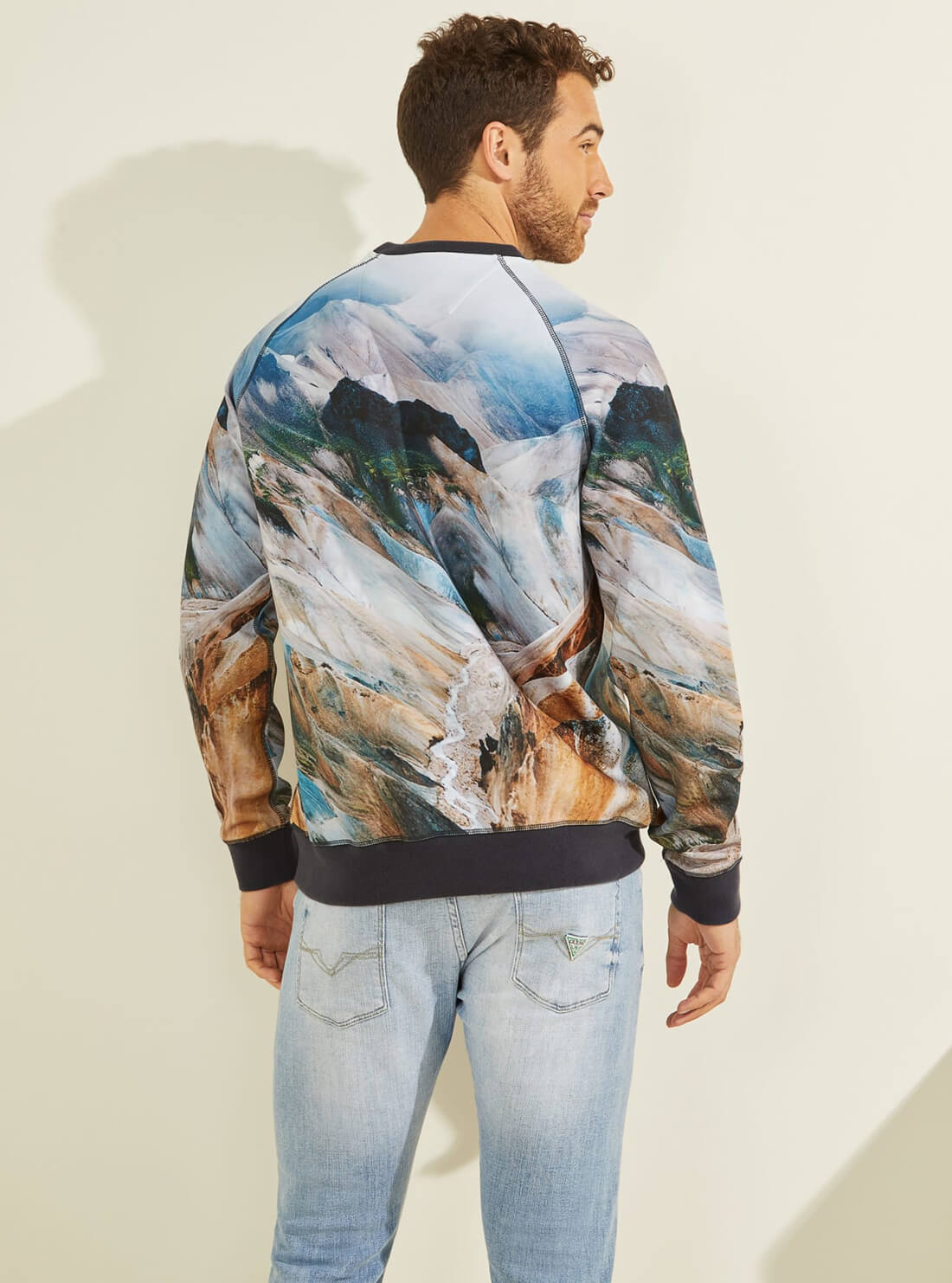GUESS Mens Eco Mountain Print Willis Fleece Jumper M2RQ07KAYK2 Back View