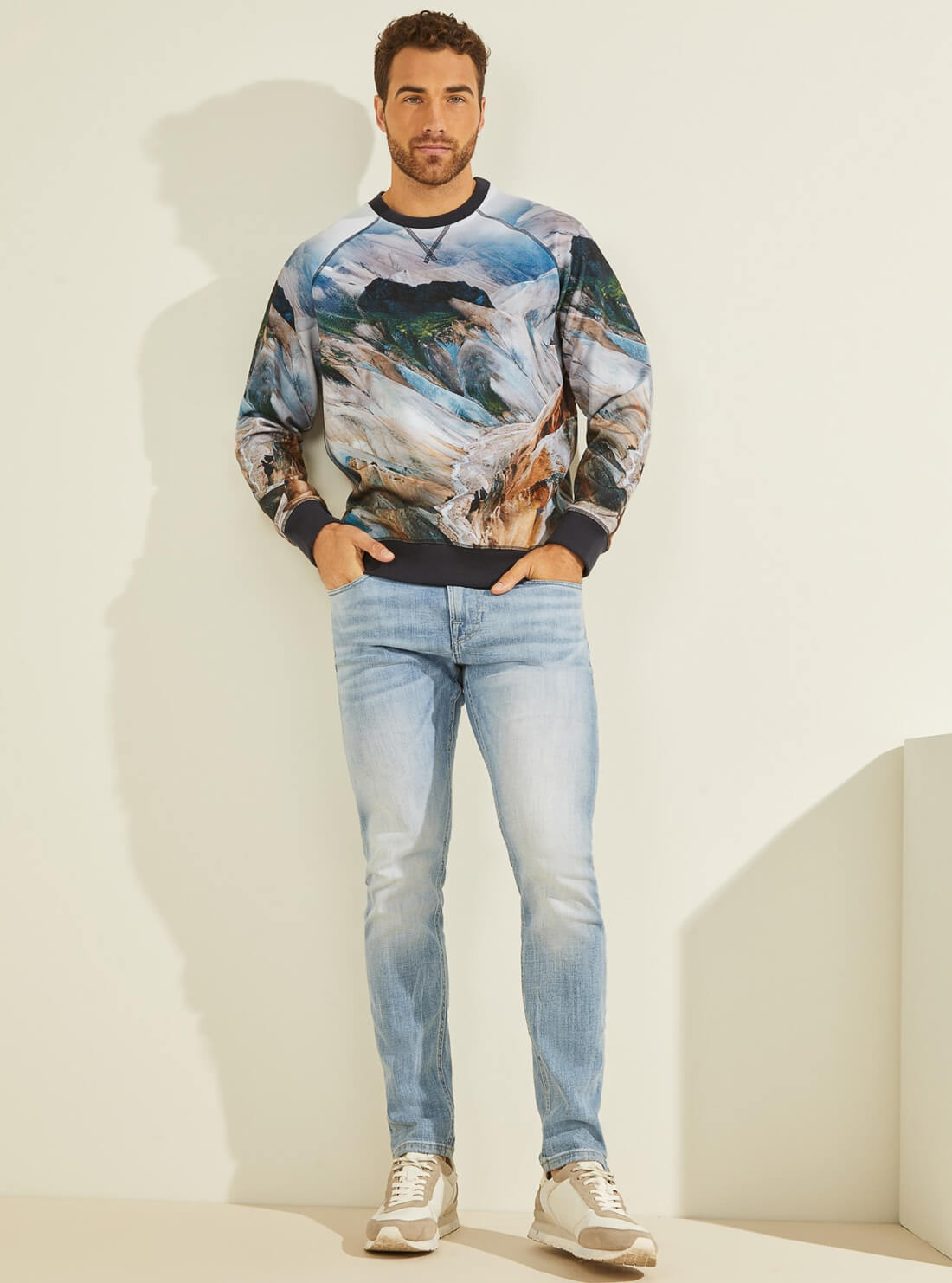 GUESS Mens Eco Mountain Print Willis Fleece Jumper M2RQ07KAYK2 Full View