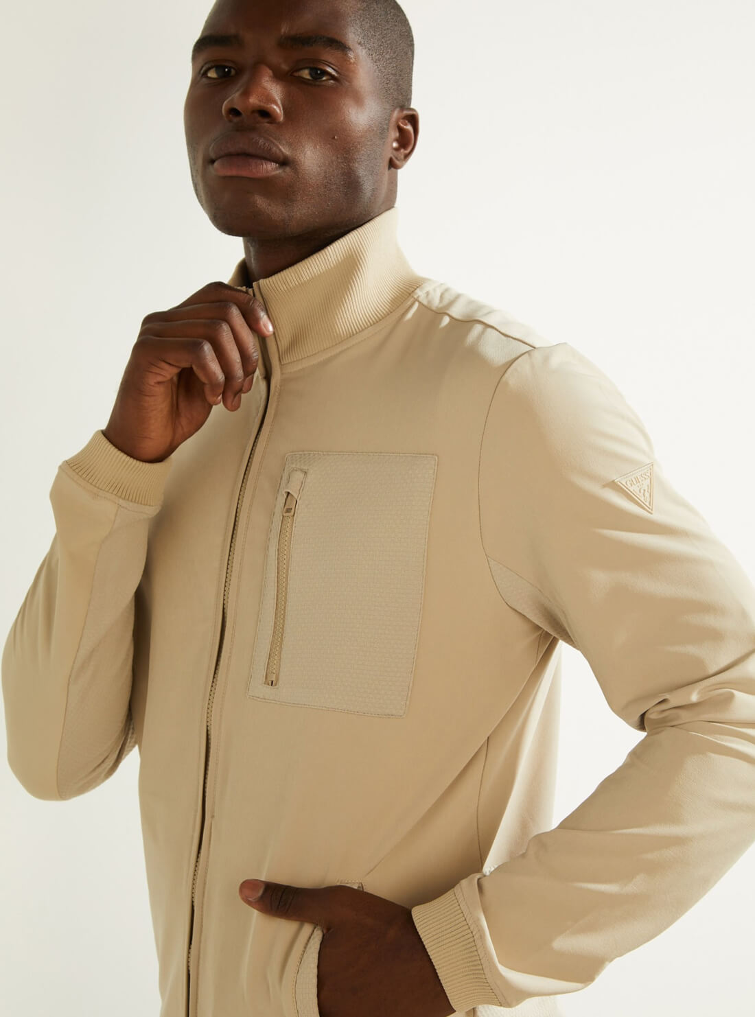 GUESS Mens Ecru Beige Explorer Zip-Up Jacket U1YA20RDR00 Detail View