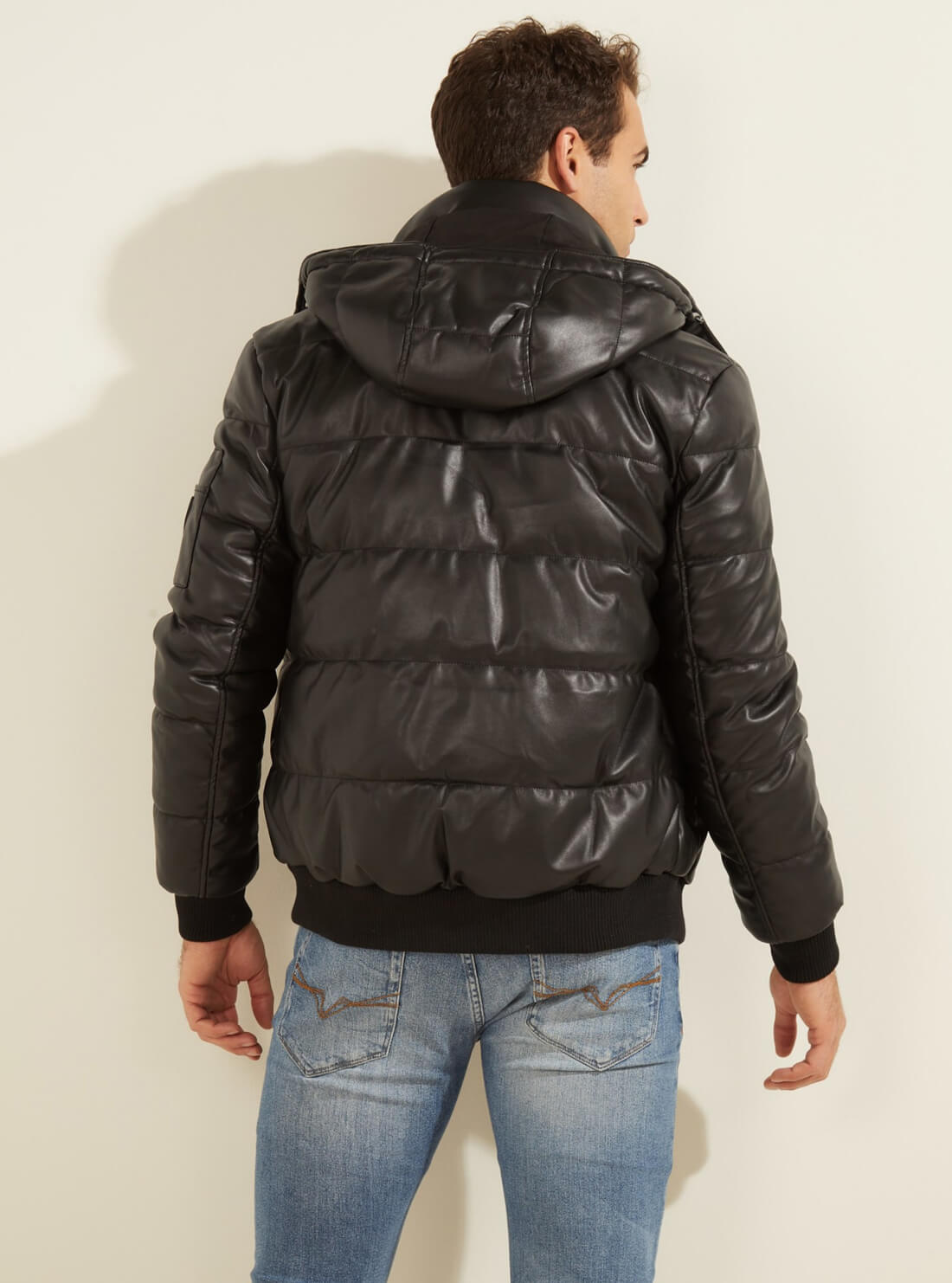 GUESS Mens Faux Leather Puffer Jacket M2RL15WEDL0 Model Back View