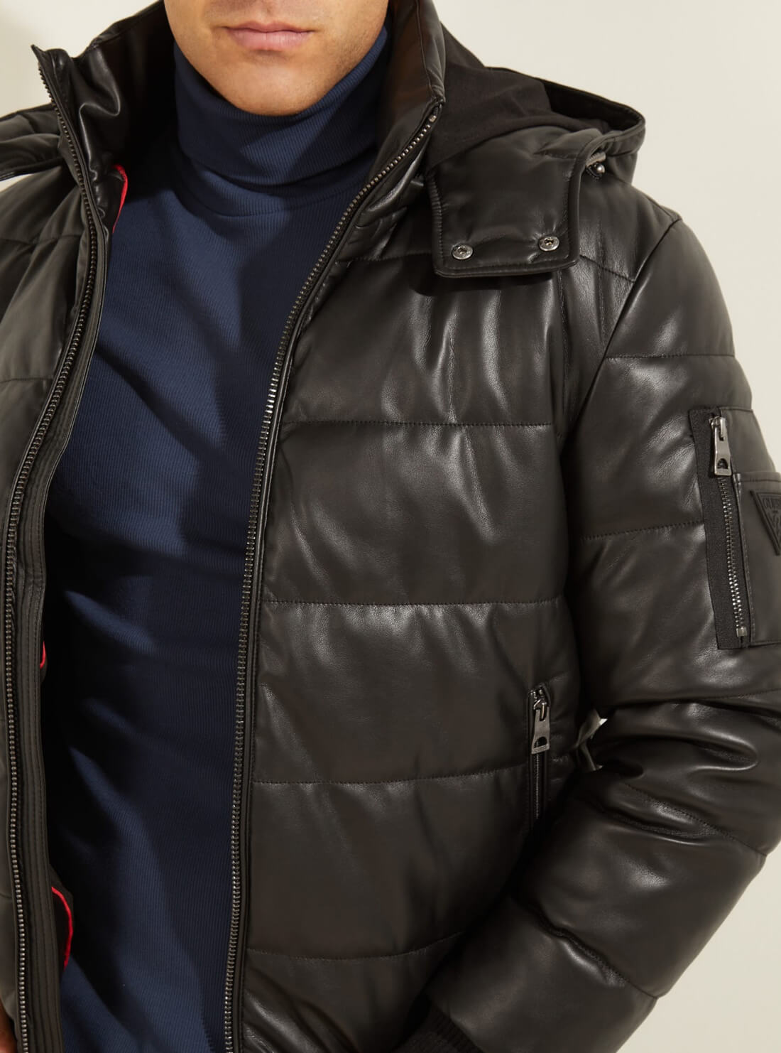 GUESS Mens Faux Leather Puffer Jacket M2RL15WEDL0 Model Close View