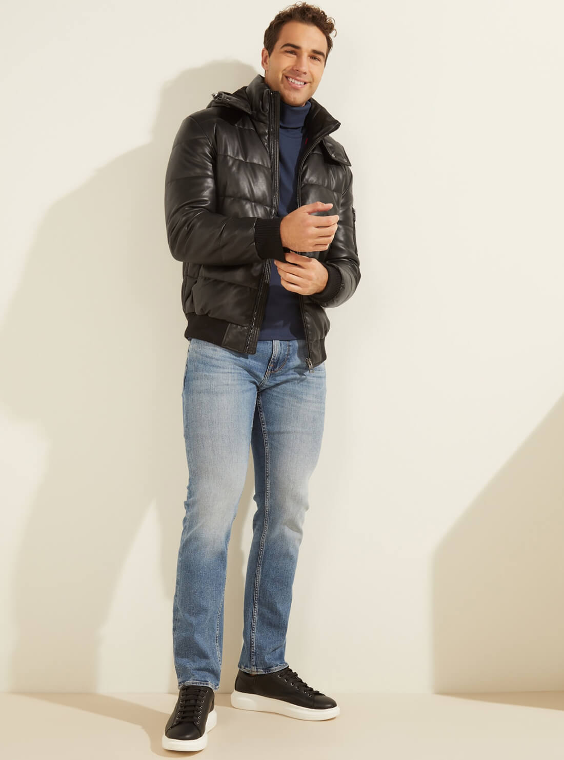 GUESS Mens Faux Leather Puffer Jacket M2RL15WEDL0 Model Full View