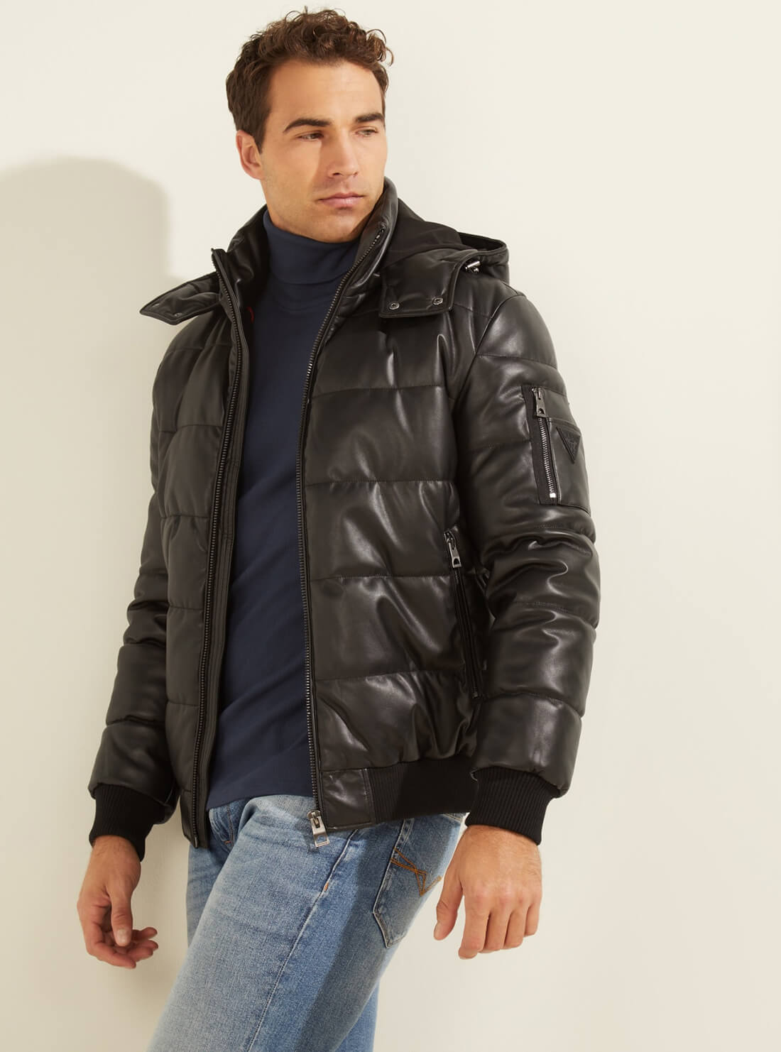 GUESS Mens Faux Leather Puffer Jacket M2RL15WEDL0 Model Side View