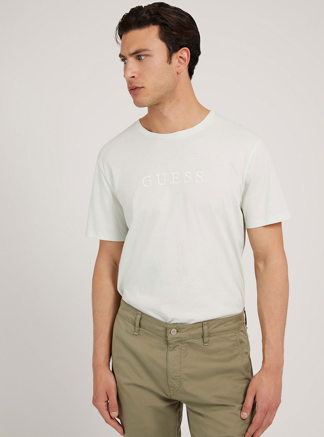 GUESS Mens Mist Blue Pima Logo Crew Neck Tee M82P64R7HD0 Front View