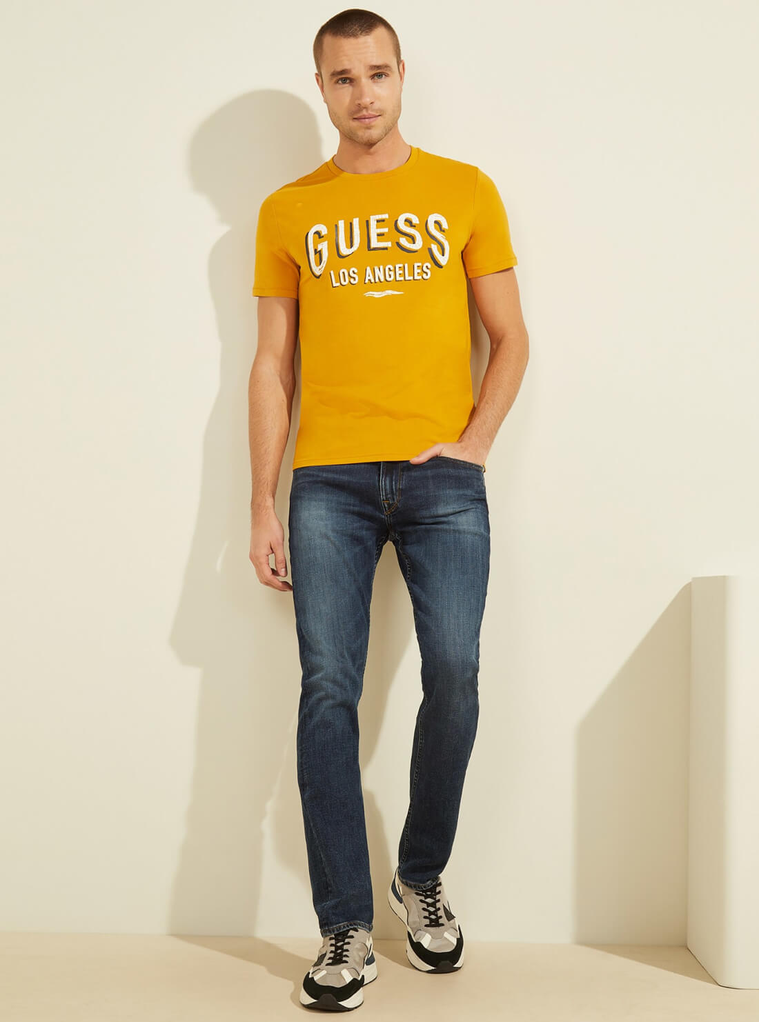 GUESS Mens Eco Gold Signboard Logo T-Shirt M2RI18J1311 Full View