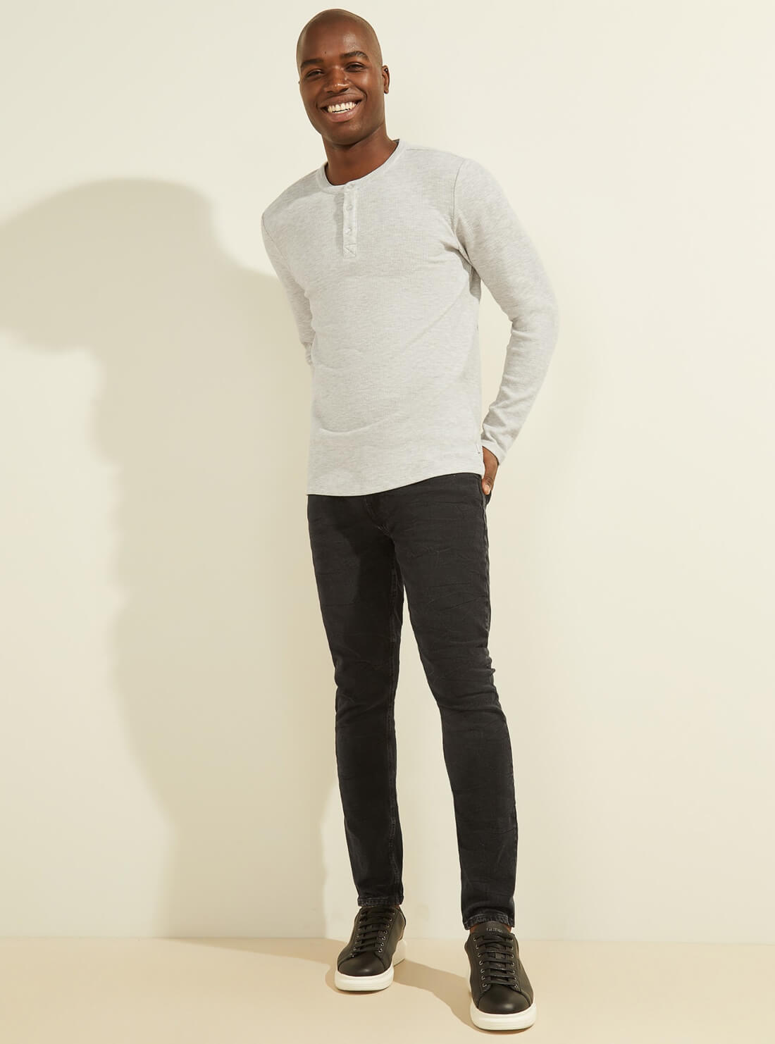 GUESS Mens Grey Vista Textured Rib Henley T-Shirt M2RP17KB090 Model Full View