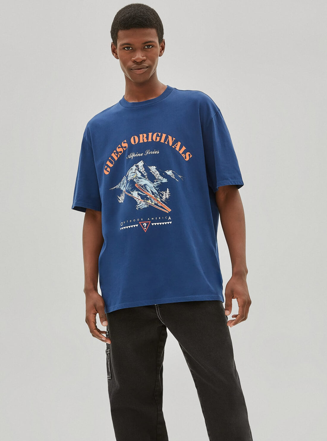 GUESS Mens GUESS Originals Blue Alpine Vintage T-Shirt M1RP00K9Y42 Model Front View